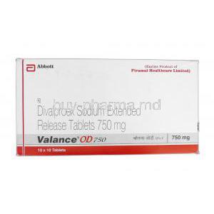 Valance OD 750, Generic Depakote, Divalproex Sodium XR, 750 mg, Box