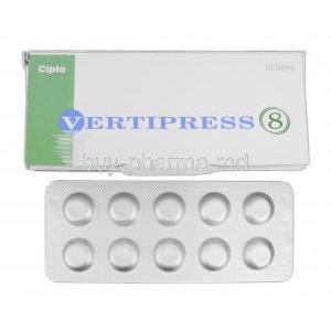 Vertipress 8, Generic Serc, Betahistine, 8 mg, Box and Strip