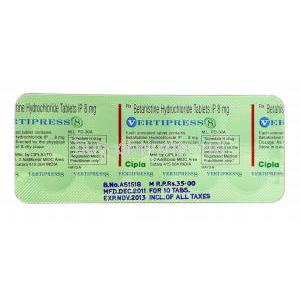 Vertipress 8, Generic Serc, Betahistine, 8 mg, Strip Description