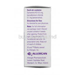Relestat Eyedrop 5ml, Generic Elestat, Epinastine HCL, 0.5 mg per ml, Box Description (2)