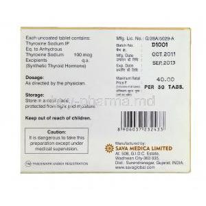 Eltibio, Generic Synthroid, Thyroxine Sodium 100mcg Sava Medica