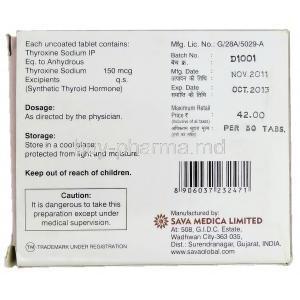 Eltibio, Generic Synthroid, Thyroxine Sodium 150mcg Sava Medica