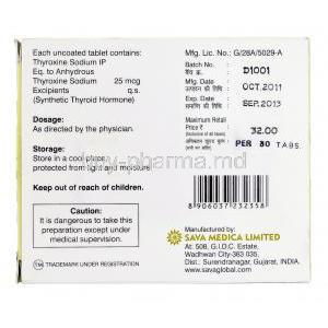 Eltibio, Generic Synthroid, Thyroxine Sodium 25mcg Sava Medica