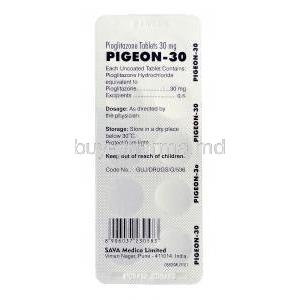 Pigeon 30, Generic Actos, Pioglitazone 30mg  blister pack information