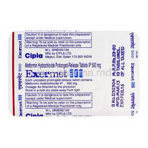 Exermet, Generic Glucophage, Metformin 500mg Prolonged-release blister pack information