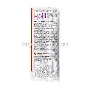 Ipill, Levonorgestrel  1.5mg blister pack information