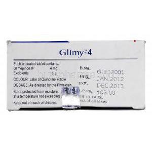Glimy, Generic Amaryl, Glimepiride 4mg box information