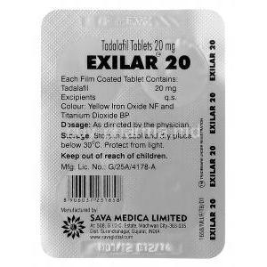 Exilar, Generic Cialis, Tadaladil 20mg  blister pack information