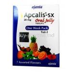 Apcalis-sx, Tadalafil Oral Jelly, Tadalafil 20 mg, 5g Oral Jelly, 7 Assorted Flavour, Ajanta Pharma, Box front view