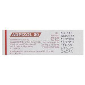 Arpizol, Generic Abilify,  Aripiprazole 20 Mg Tablet (Sun Pharma) Box