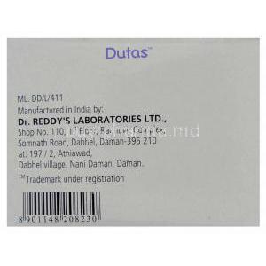 Generic Avodart, Dutasteride 0.5 mg box manufactuer data