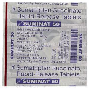 Suminat, Generic  Imitrex,  Sumatriptan Tablet (Sun Pharma) Blister Back