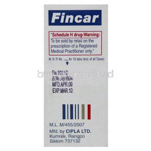 Fincar, Generic  Proscar,  5 Mg Finasteride  Tablet (Cipla) Box Side