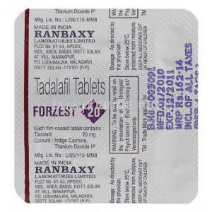 Forzest, Tadalafil 20 Mg Tablet (Ranbaxy) Blister Pack Behind