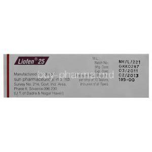 Liofen, Generic Lioresal, Baclofen 25mg Tablet (Sun Pharma) Box Information