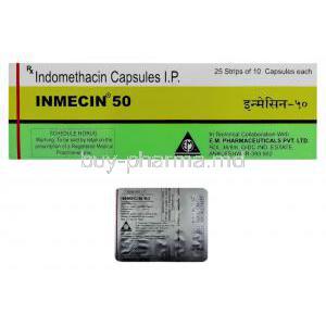 Inmecin, Generic  Indocin,  Indomethacin 50mg Capsule (E.M Pharma)and Box