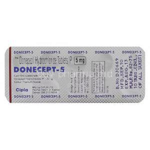 Generic  Aricept, Donepezil 5 mg Tablet blister back