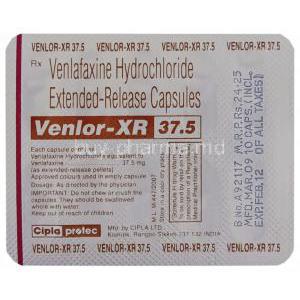 Generic Effexor XR, Venlafaxine 37.5 mg blister back