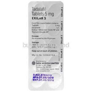 Exilar-5, Generic Cialis, Tadalafil  5mg blister pack information