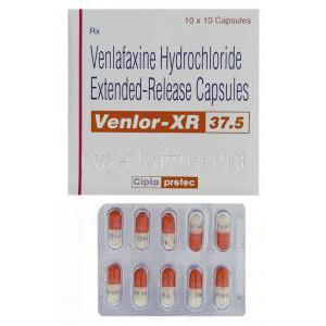 Generic Effexor XR, Venlafaxine 37.5 mg capsule and box