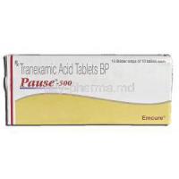 Pause-500, Generic  Cyklokapron, Tranexamic Acid, 500 mg, Box