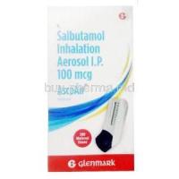 AscoAir, Salbutamol 100mcg per dose, Inhaler 200MD,  Glenmark, Box front view