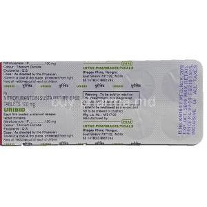Uribid, Generic Macrobid, Nitrofurantoin Sustained Release, 100 mg, Strip description