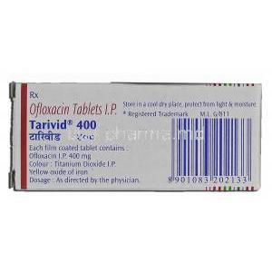 Tarivid 400, Generic Floxin, Ofloxacin, 400 mg, Box description