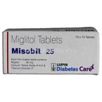 Misobit 25, Generic Glyset, Miglitol 25mg, Box