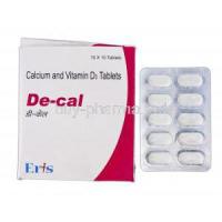 De-cal, Generic Calcimax, Calcium and Vitamin D3,  500 mg and 250 iu, Box and Strip