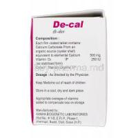 De-cal, Generic Calcimax, Calcium and Vitamin D3,  500 mg and 250 iu, Box Description