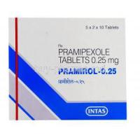 Pramirol, Generic Mirapex, Pramipexole 0.25 mg  box