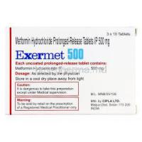 Exermet, Generic Glucophage, Metformin 500mg Prolonged-release box information