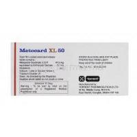 Metocard XL 50, Generic Lopressor, Metoprolol Succinate 50mg composition and manufacturer