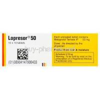 Lopresor 50, Metoprolol Tartrate 50mg Box Composition