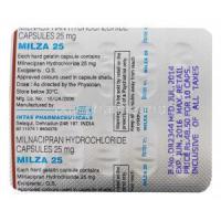 Milza 25, Generic Savella, Milnacipran Hydrochloride 25mg Capsule Strip Information