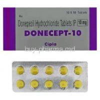 Generic  Aricept, Donepezil 10 mg Tablet and box