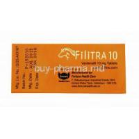 Generic Levitra, Filitra 10, Vardenafil 10mg 100 tabs, Box side view, manufactured by Fortune Health care, Batch, Mfg Date, Exp Date