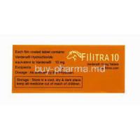 Generic Levitra, Filitra 10, Vardenafil 10mg 100 tabs, Box side view, Contents of each tab, Dosage and storage instructions.