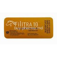Generic Levitra, Filitra 10, Vardenafil 10mg 100 tabs, Blister pack back view with information, manufactured by Fortune Health Care