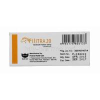 Generic Levitra, Filitra 20, Vardenafil 20mg 100tabs, Box side view, Manufactured by Fortune Health Care