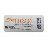 Generic Levitra, Filitra 20, Vardenafil 20mg 100tabs, Blister pack back view with information, Manufactured by Fortune health care