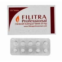 Generic Levitra, Filitra Professional, Vardenafil Sublingual Tablets 20mg 100tabs, Box front view with blister pack