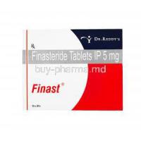 Generic Proscar, Finasteride tablets IP 5mg, Finast, Dr.Reddy's, Box front presentation view, 10 x 30's