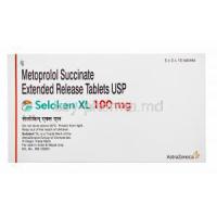 Generic  Lopressor/ Toprol XL, Metoprolol Succinate Extended Release tablets USP, Seloken XL 100mg, 5 x 3 x 15 tablets, AstraZenca group of companies, box front presentation