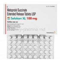 Generic Lopressor/ Toprol XL, Metoprolol Succinate Extended Release tablets USP, Seloken XL 100mg, 5 x 3 x 15 tablets, AstraZenca group of companies, box front presentation with blister pack front presentation