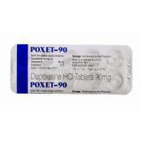 Generic Priligy, Poxet-90, Dapoxetine HCL Tablet, blister pack back view, contents of tablet, dosage instructions