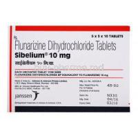 Generic Sibelium, Flunarizine dihydrochloride tablets,Sibelium 10mg, 5x3x10 tablets, Janssen, Box front view with blister pack front view, Made in India by Johnson&Johnson Private limited.
