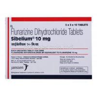 Generic Sibelium, Flunarizine dihydrochloride tablets,Sibelium 10mg, 5x3x10 tablets, Janssen, Box front view with blister pack back view, Made in India by Johnson&Johnson Private limited, contents of each tablet, dosage and storage instructions, warn