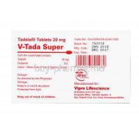 V- Tada Super, Tadalafil Tablets 20mg, 10 x10 tablets, box back view, content of each tablet, dosage and storage instructions, Manufactured for Vipro Lifescience, mfg. date, exp. date